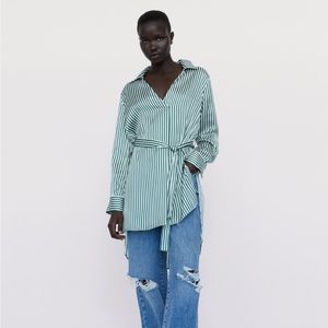 Zara belted satin striped shirt